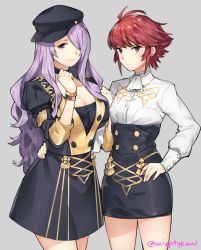 Rule 34 | 2girls, arm around waist, artist name, ascot, breasts, camilla (fire emblem), cleavage, cosplay, dorothea arnault, dorothea arnault (cosplay), fire emblem, fire emblem: three houses, fire emblem fates, garreg mach monastery uniform, ge-b, grey background, hair over one eye, hat, highres, hinoka (fire emblem), large breasts, long hair, looking at viewer, multiple girls, nintendo, petra macneary, petra macneary (cosplay), purple hair, red hair, short hair, smile, standing, trait connection, twitter username