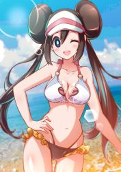 Rule 34 | 1girl, absurdres, bad id, bad pixiv id, beach, bikini, blue eyes, blush, breasts, brown hair, cleavage, cloud, commentary request, cowboy shot, creatures (company), day, double bun, eyelashes, game freak, hair between eyes, hair bun, hand on own hip, highres, lens flare, long hair, looking at viewer, medium breasts, miyama (yakinikusushi the royal), navel, nintendo, ocean, one eye closed, open mouth, pokemon, pokemon bw2, rosa (pokemon), sand, shiny skin, sidelocks, sky, smile, solo, standing, swimsuit, teeth, tongue, twintails, two-tone headwear, upper teeth only, very long hair, visor cap, water