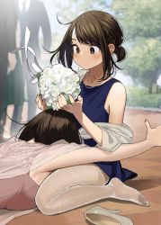 Rule 34 | 2girls, blue dress, blush, bouquet, breasts, brown eyes, brown hair, douki-chan (douki-chan), dress, flat chest, flower, ganbare douki-chan, glitter, hair strand, high heels, highres, jewelry, kneeling, kouhai-chan (douki-chan), large breasts, messy hair, multiple girls, necklace, office lady, outstretched arm, pantyhose, pearl necklace, scarf, shoes, unworn shoes, sitting, white legwear, yomu (sgt epper)