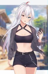 Rule 34 | 1girl, alpha (punishing: gray raven), alternate costume, belt, black belt, black shorts, blue eyes, breasts, cellphone, cesvelox, chain, grey jacket, hair between eyes, heterochromia, highres, holding, holding phone, jacket, long sleeves, lucia: crimson weave (punishing: gray raven), medium breasts, multicolored hair, open clothes, open jacket, open mouth, phone, punishing: gray raven, red eyes, red hair, shorts, sidelocks, smartphone, solo, streaked hair, white hair, wide ponytail