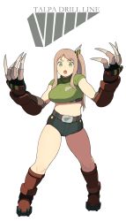 Rule 34 | 1girl, accio, bad id, bad pixiv id, boots, breasts, claws, drill, eyebrows, fang, female focus, full body, gloves, green eyes, highres, large breasts, long hair, looking at viewer, midriff, open mouth, original, pink hair, short shorts, shorts, side ponytail, simple background, solo, standing, thick eyebrows, thick thighs, thighs, white background