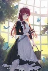 Rule 34 | 1girl, alternate costume, animal, blue butterfly, blush, breasts, brown eyes, bug, butterfly, dress, enmaided, flying, frills, greenhouse, highres, holding, holding watering can, insect, light particles, long hair, looking at viewer, maid, maid headdress, medium breasts, original, parted lips, pinafore dress, plant, puffy sleeves, red hair, rwael, see-through, sleeveless dress, solo, standing, sunlight, watering can