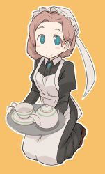 Rule 34 | 1girl, apron, aqua eyes, blush stickers, brown hair, cup, dress, female focus, full body, hat, highres, holding, looking at viewer, maid, maid apron, maid cap, mob cap, original, seiza, simple background, sitting, smile, solo, teacup, teapot, tray, tugeneko
