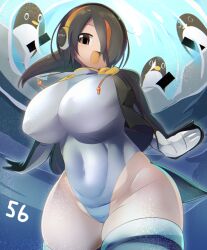 Rule 34 | 1girl, :d, bar censor, bird, bird tail, black hair, black jacket, blush, breasts, brown eyes, censored, commentary request, covered erect nipples, covered navel, cropped jacket, emperor penguin (kemono friends), hair between eyes, hair over one eye, headphones, highres, huge breasts, impossible clothes, impossible swimsuit, jacket, kemono friends, lets0020, long bangs, looking at viewer, multicolored hair, numbered, one-piece swimsuit, open clothes, open jacket, open mouth, orange hair, penguin, short hair, smile, solo, streaked hair, swimsuit, tail, thick thighs, thighhighs, thighs, water, white one-piece swimsuit, white thighhighs