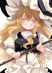 Rule 34 | 1girl, apron, black skirt, black vest, blonde hair, blush, bow, braid, broom, closed eyes, commentary request, hair bow, hat, hat bow, highres, holding, holding broom, kirisame marisa, long hair, side braid, single braid, skirt, smile, solo, touhou, uchisaki himari, upper body, vest, waist apron, white background, white bow, witch hat