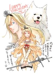 Rule 34 | 1girl, animal, blonde hair, blue eyes, braid, closed eyes, crown, dated, dog, dress, flower, french braid, garter straps, grin, happy birthday, highres, holding, jewelry, kantai collection, long hair, mini crown, necklace, off-shoulder dress, off shoulder, parted lips, red flower, red rose, rose, signature, simple background, smile, thighhighs, translation request, uchida shuu, warspite (kancolle), white background, yamada rei (rou)