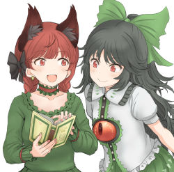 Rule 34 | 2girls, :d, animal ear fluff, animal ears, black bow, black hair, blush, book, bow, braid, breasts, cat ears, choker, closed mouth, collarbone, commentary request, dress, earrings, extra ears, fingernails, goto tsukasa, green bow, green dress, hair bow, holding, holding book, jewelry, kaenbyou rin, long hair, long sleeves, looking at another, low twintails, medium breasts, multiple girls, nail polish, open mouth, pink nails, puffy short sleeves, puffy sleeves, red eyes, red hair, reiuji utsuho, shirt, short sleeves, simple background, small breasts, smile, third eye, touhou, twin braids, twintails, upper body, very long hair, white background, white shirt