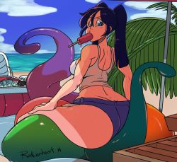 Rule 34 | 10s, 1girl, 2014, aitako, alternate hairstyle, ass, back, beach, black hair, blue eyes, borrowed character, breasts, butt crack, consensual tentacles, day, covered erect nipples, eyelashes, food, food in mouth, large breasts, long hair, mouth hold, ocean, original, popsicle, radlionheart, schoolgirls love tentacles, shade, shirt, short shorts, shorts, sitting, sitting on person, summer, sweat, tentacles, tentacles, twintails, wet, wet clothes, wet shirt, wiggles