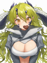 Rule 34 | 1girl, arknights, blush, breasts, brown eyes, candy, chocolate, chocolate heart, cleavage, estelle (arknights), food, green hair, hair between eyes, heart, high collar, highres, horns, jfjf, large breasts, long hair, long sleeves, messy hair, mouth hold, scar, scar across eye, scar on face, simple background, solo, valentine, white background
