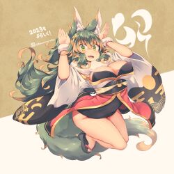 Rule 34 | 1girl, 2023, animal ear fluff, animal ears, blush, breasts, brown background, cleavage, commentary request, crossed bangs, green eyes, grey background, hair between eyes, hands up, highres, japanese clothes, kimono, kuromiya, kuromiya raika, large breasts, long hair, looking at viewer, multicolored hair, obi, open mouth, orange hair, original, sash, smile, solo, tail, thighs, twitter username, two-tone background, two-tone hair, wide sleeves