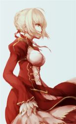 Rule 34 | 10s, 1girl, blonde hair, breasts, cleavage, dress, fate/extra, fate (series), green eyes, hair ribbon, labombardier!, monochrome, nero claudius (fate), nero claudius (fate) (all), nero claudius (fate/extra), ribbon, short hair, simple background, solo