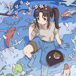 Rule 34 | 1girl, absurdres, arm support, barefoot, blush, brown eyes, brown shorts, cherry blossoms, closed mouth, cloud, eating, ennui orz, expressionless, falling petals, floating, floating object, food, foot out of frame, from above, grey shirt, hand up, highres, holding, holding food, knee up, koi, lily pad, long hair, looking up, no sclera, original, partially submerged, petals, reflection, reflective water, ripples, sakura mochi, shirt, shirt tucked in, short sleeves, shorts, side ponytail, solo, t-shirt, tareme, tray, wagashi