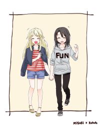 Rule 34 | +++, 10s, 2girls, ^ ^, bang dream!, black hair, black pants, blonde hair, borrowed clothes, character name, closed eyes, clothes writing, collarbone, commentary request, full body, grey hoodie, hair ornament, hairclip, happy, holding hands, hood, hood down, hoodie, jacket, jacket on shoulders, long hair, medium hair, multiple girls, okusawa misaki, open mouth, pants, raisun, red shirt, sandals, shirt, shoes, shorts, smile, sneakers, standing, striped clothes, striped shirt, tsurumaki kokoro, yellow background, yuri
