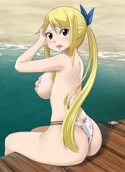Rule 34 | 1girl, arm behind head, artist name, ass, back, bikini, bikini bottom only, blonde hair, blush, breasts, brown eyes, covering privates, covering breasts, fairy tail, floral print, flower print, from behind, gaston18, heart, highres, huge ass, large breasts, long hair, looking at viewer, looking back, lucy heartfilia, ponytail, sitting, solo, swimsuit, tattoo, thighs, topless, water, wide hips
