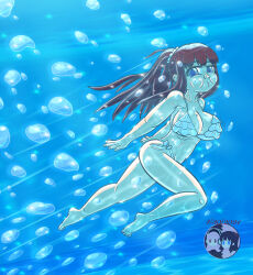 Rule 34 | 1girl, absurdres, air bubble, barefoot, bikini, blue eyes, breasts, brown hair, bubble, blowing bubbles, hifumi takimoto, highres, large breasts, long hair, new game!, puffy cheeks, submerged, swimming, swimsuit, underwater, water, white bikini