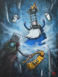 Rule 34 | 2boys, :d, adventure time, animal, arms up, backpack, bag, beard, bird, bloodborne, blue robe, bmo, cage, cosplay, crown, facial hair, finn the human, fog, full body, gunter (adventure time), hat, highres, holding, holding weapon, hunter (bloodborne), hunter (bloodborne) (cosplay), ice king, jake the dog, long nose, long sleeves, micolash host of the nightmare, micolash host of the nightmare (cosplay), multiple boys, open mouth, pants, penguin, reallydensefood, robe, saw, saw cleaver, shirt, smile, stalactite, stalagmite, teeth, weapon, white headwear