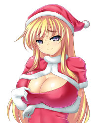 Rule 34 | 1girl, bad anatomy, blonde hair, breast rest, breasts, capelet, christmas, cleavage, clothes pull, dress, dress pull, elbow gloves, gloves, hat, highres, huge breasts, long hair, mokkori9, naughty face, purple eyes, red dress, santa hat, simple background, smile, solo, taut clothes, taut dress, touhou, turtleneck, white background, white gloves, yakumo yukari