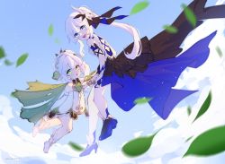 Rule 34 | 2girls, :d, back, bare shoulders, barefoot, black dress, blue eyes, blue sky, cape, cloud, cloudy sky, company connection, dress, full body, genshin impact, green cape, green eyes, highres, holding hands, honkai (series), honkai impact 3rd, leaf, long hair, looking at viewer, looking back, meuwzza (me zwa), mihoyo, multiple girls, nahida (genshin impact), open mouth, side ponytail, sky, smile, theresa apocalypse, theresa apocalypse (twilight paladin), thighhighs, white dress, white hair, white thighhighs
