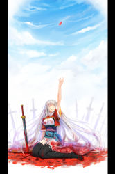 Rule 34 | 1girl, arm up, blood, cloud, field of blades, highres, long hair, outstretched hand, pixiv fantasia, pixiv fantasia sword regalia, planted sword, planted, ryuuzaki ichi, silver hair, sitting, sky, solo, sword, thighhighs, very long hair, weapon, yellow eyes