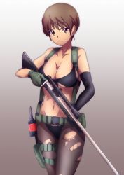 Rule 34 | 1girl, 9s0ykoyama117, absurdres, asymmetrical gloves, belt, bikini, black bikini, black gloves, breasts, brown eyes, brown hair, cleavage, closed mouth, commentary, cosplay, cowboy shot, elbow gloves, freckles, frown, girls und panzer, gloves, gradient background, green gloves, grey background, gun, harness, highres, holding, holding gun, holding weapon, large breasts, looking at viewer, metal gear (series), metal gear solid v: the phantom pain, mismatched gloves, naomi (girls und panzer), navel, pantyhose, quiet (metal gear), quiet (metal gear) (cosplay), rifle, scope, short hair, solo, standing, swimsuit, thigh strap, torn clothes, torn pantyhose, utility belt, very short hair, weapon