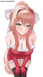 Rule 34 | 1girl, bare shoulders, black thighhighs, blush, bow, breasts, brown hair, christmas, cleavage, collarbone, commentary, cowboy shot, doki doki literature club, dress, elbow gloves, english commentary, eyelashes, fur-trimmed dress, fur-trimmed gloves, fur trim, gloves, green eyes, grin, hair between eyes, hair bow, hair intakes, hands on own knees, high ponytail, highres, large breasts, leaning forward, long hair, looking at viewer, monika (doki doki literature club), patreon username, ponytail, red dress, red gloves, santa costume, santa dress, sidelocks, simple background, smile, solo, standing, strapless, strapless dress, thighhighs, twitter username, variant set, white background, white bow, yami (rear4742), zettai ryouiki