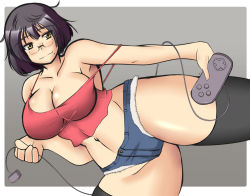 Rule 34 | 1girl, bare shoulders, black hair, black thighhighs, breasts, character request, controller, curvy, denim, female focus, game controller, glasses, groin, jeans, large breasts, midriff, mole, myougi kuraganosuke, navel, pants, plump, short hair, shorts, simple background, solo, source request, thighhighs, thighs, wide hips, yellow eyes