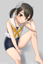 Rule 34 | black eyes, black hair, black one-piece swimsuit, blush, grey background, headgear, i-41 (kancolle), kantai collection, looking at viewer, neckerchief, one-piece swimsuit, orange neckerchief, ray.s, sailor collar, sailor shirt, school swimsuit, shirt, short hair, sleeveless, sleeveless shirt, solo, swimsuit, swimsuit under clothes, white sailor collar