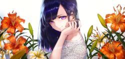 Rule 34 | 1girl, absurdres, blue hair, chromatic aberration, closed mouth, commentary, english commentary, eyebrows hidden by hair, flower, hand in own hair, highres, lily (flower), long hair, looking at viewer, mito itsuki, original, purple eyes, simple background, solo, tears, upper body, white background