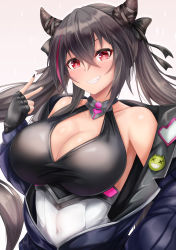 Rule 34 | 1girl, absurdres, azur lane, badge, bare shoulders, black nails, blue jacket, breasts, button badge, cleavage, collarbone, commentary, covered navel, crossed bangs, fang, grey hair, grin, hair between eyes, hair horns, halterneck, hand up, highres, jacket, large breasts, long hair, looking at viewer, multicolored hair, nail polish, off shoulder, purple eyes, purple hair, ryara, san francisco (azur lane), simple background, smile, solo, standing, streaked hair, taut clothes, teeth, twintails, upper body, v, very long hair, white background