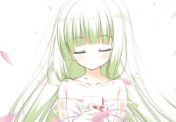 Rule 34 | 1girl, alternate costume, bare shoulders, blunt bangs, blunt ends, blurry, blush, cariboy, closed eyes, closed mouth, collarbone, commentary, depth of field, eyelashes, falling petals, gift, green hair, hair down, holding, holding gift, long hair, murasame (senren), petals, senren banka, sidelocks, simple background, smile, solo, straight hair, upper body, valentine, very long hair, white background