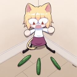 Rule 34 | 1girl, animal ears, black pantyhose, blonde hair, cat ears, cat girl, cat tail, cucumber, highres, indoors, meowmei, neco-arc, open mouth, pantyhose, purple skirt, red eyes, scared, skirt, solo, sweater, tail, tsukihime, white sweater