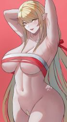Rule 34 | 1girl, armpits, arms behind head, arms up, ass, bandaid, bandaid on pussy, blonde hair, blush, breasts, chest sarashi, chinese commentary, cleavage, clothing request, collarbone, commentary, fangs, green eyes, hair ribbon, highres, kiss-shot acerola-orion heart-under-blade, large breasts, long hair, looking at viewer, milksasa, monogatari (series), oshino shinobu, pointy ears, red background, red ribbon, ribbon, sarashi, sidelocks, simple background, solo, standing, sweat, swept bangs, vampire, very long hair