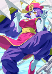Rule 34 | 1girl, blue skin, breasts, chain, claws, cleavage cutout, clothing cutout, colored skin, highres, large breasts, lei lei, pants, purple hair, short hair, teeth, vampire (game), yagi2013, yellow eyes