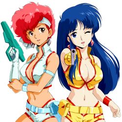 Rule 34 | 2girls, ;d, aiming, aiming at viewer, asymmetrical gloves, blue eyes, blue hair, breasts, brown eyes, cleavage, collarbone, crop top, dirty pair, gloves, gun, handgun, highleg shorts, highres, hip vent, holding, holding gun, holding weapon, kei (dirty pair), large breasts, long hair, looking at viewer, macla, medium hair, micro shorts, midriff, multiple girls, navel, no bra, one eye closed, open mouth, red hair, shorts, simple background, single glove, sleeveless, smile, standing, stomach, very long hair, weapon, white background, white gloves, white shorts, wristband, yellow gloves, yellow shorts, yuri (dirty pair)