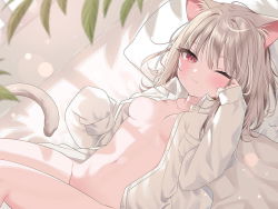 Rule 34 | 1girl, animal ears, bed, blurry, bottomless, breasts, cat ears, cat girl, cat tail, depth of field, leaf, light brown hair, long sleeves, looking at viewer, lying, mafuyu (chibi21), medium hair, naked shirt, navel, on back, on bed, one eye closed, open clothes, open shirt, original, pillow, pink eyes, shirt, sleepy, sleeves past fingers, sleeves past wrists, stomach, tail, white shirt