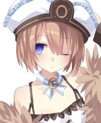 Rule 34 | 1girl, ;/, bare shoulders, blanc (neptunia), blue eyes, brown hair, buran buta, coat, commentary, commentary request, dress, fur trim, hair between eyes, hand on own head, hat, highres, looking at viewer, neptune (series), one eye closed, short hair, simple background, solo, spaghetti strap, upper body, white background, white dress