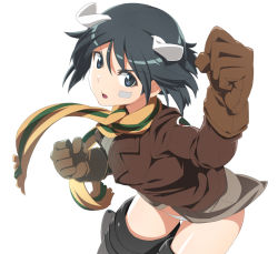 Rule 34 | 1girl, animal ears, bandaid, bandaid on face, black hair, blue eyes, blush, brave witches, breasts, brown gloves, brown jacket, dog ears, gloves, jacket, kanno naoe, looking at viewer, nanashino, open mouth, panties, scarf, short hair, simple background, small breasts, solo, striker unit, underwear, white background, white panties, world witches series