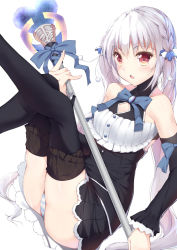 Rule 34 | 1girl, bad id, bad pixiv id, bare shoulders, black thighhighs, detached sleeves, legs together, long hair, magical girl, original, panties, silver hair, solo, staff, striped clothes, striped panties, thighhighs, twintails, underwear, very long hair, yappen, yatsu (sasuraino)