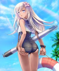 Rule 34 | 10s, 1girl, adjusting clothes, adjusting swimsuit, ass, blonde hair, blue eyes, bracelet, crop top, flower, from behind, hair flower, hair ornament, jewelry, kantai collection, lifebuoy, looking back, one-piece tan, palm tree, plastic moon, ro-500 (kancolle), sailor collar, school swimsuit, solo, swim ring, swimsuit, swimsuit under clothes, tan, tanline, torpedo, tree