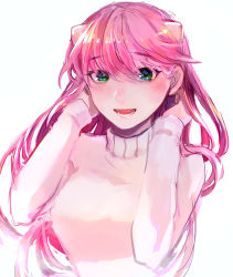 Rule 34 | 1girl, absurdres, blush, breasts, elfen lied, green eyes, hagioshi, hair between eyes, hands in hair, highres, horns, long hair, long sleeves, looking at viewer, lucy (elfen lied), medium breasts, open mouth, pink hair, simple background, solo, sweater, turtleneck, turtleneck sweater, white background, white sweater