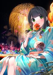 Rule 34 | 1girl, aerial fireworks, animal print, black hair, blue kimono, bow, candy apple, chikuwa., closed mouth, commentary request, feet out of frame, fireworks, fish print, food, goldfish print, green bow, green eyes, hair bow, hand fan, highres, holding, holding food, japanese clothes, kimono, long hair, night, night sky, obi, original, outdoors, paper fan, print kimono, reflection, sash, sitting, sky, solo, star (sky), starry sky, tongue, tongue out, uchiwa