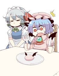 Rule 34 | 2girls, ^^^, apron, ascot, bat wings, blue dress, blue hair, braid, brooch, chair, dress, closed eyes, fang, female focus, food, fork, izayoi sakuya, jewelry, knife, maid, maid apron, maid headdress, meatball, multiple girls, open mouth, pink dress, plate, puffy sleeves, red eyes, remilia scarlet, shirt, short hair, silver hair, sitting, surprised, table, touhou, tsukigi, twin braids, waist apron, wings