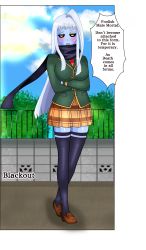 Rule 34 | 1girl, absurdres, ahoge, arms under breasts, black thighhighs, blue sky, blush, breasts, brown dress, brown footwear, brown skirt, bush, cloud, cloudy sky, colored sclera, colored skin, crossed arms, curvy, dress, dullahan, female focus, full body, green jacket, highres, huge ahoge, jacket, lala (monster musume), large breasts, long hair, looking at viewer, monster girl, monster musume no iru nichijou, necktie, outdoors, plaid, plaid skirt, pleated skirt, scarf, school uniform, shoes, silver hair, skirt, sky, socks, solo, speech bubble, standing, sunlight, thighhighs, tsundere, very long hair, yellow eyes