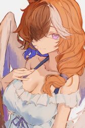 Rule 34 | 1girl, absurdres, borrowed character, breasts, brown hair, cleavage, collarbone, colored inner hair, dress, estelle (cieluscian), frilled dress, frills, hair over one eye, half-harpy, hand on own chest, highres, large breasts, long hair, looking at viewer, low ponytail, multicolored hair, naokomama, off-shoulder dress, off shoulder, orange hair, original, purple eyes, purple hair, purple ribbon, ribbon, smile, solo, streaked hair, upper body, white background, white dress, white hair, wings