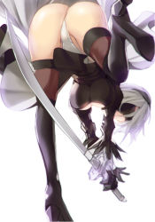 Rule 34 | 1girl, armadillo-tokage, ass, bent over, black dress, black gloves, black thighhighs, blindfold, breasts, covered eyes, dress, feather-trimmed sleeves, from behind, gloves, hairband, large breasts, leg lift, long sleeves, looking at viewer, mole, mole under mouth, nier, nier (series), nier:automata, parted lips, partially visible vulva, puffy sleeves, short hair, silver hair, thighhighs, thighs, weapon, 2b (nier:automata)