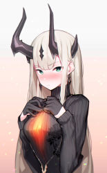 Rule 34 | 1girl, absurdres, arknights, beudelb, black gloves, black sweater, blush, dragon horns, earrings, gloves, glowing, gradient background, green eyes, grey hair, hands on own chest, highres, horns, jewelry, long hair, looking at viewer, necklace, reed (arknights), ribbed sweater, solo, sweater, upper body