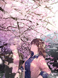 Rule 34 | 2girls, against railing, bad id, bad pixiv id, belt, black jacket, blouse, blue shirt, blurry, brown eyes, brown hair, cherry blossoms, cibo (killy), closed mouth, dappled sunlight, day, depth of field, highres, jacket, leaning against railing, looking at viewer, multiple girls, open clothes, open jacket, original, outdoors, pink shirt, railing, shirt, short hair, silver hair, sunlight, tree, upper body, watch, wristwatch