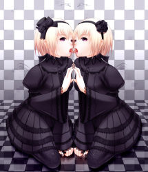 Rule 34 | 2girls, bad id, bad pixiv id, black dress, black nails, blonde hair, checkered background, checkered floor, dress, dual persona, floor, french kiss, goth fashion, hairband, incest, kiss, kneeling, kof: maximum impact, looking at viewer, multiple girls, nail polish, ninon beart, perspective, saliva, selfcest, shokuyou mogura, short hair, siblings, sisters, snk, symmetry, the king of fighters, tongue, twins, yuri
