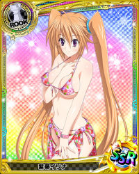 Rule 34 | 10s, 1girl, arm between breasts, between breasts, bikini, breasts, card (medium), front-tie top, hair ornament, high school dxd, long hair, navel, official art, orange hair, purple eyes, sarong, shidou irina, shiny skin, sideboob, skindentation, smile, solo, strap gap, swimsuit, torn clothes, torn swimsuit, trading card, twintails, underboob, undersized clothes, very long hair