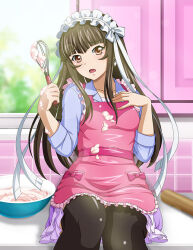 Rule 34 | 1girl, apron, black pantyhose, blunt bangs, bow, brown hair, collarbone, collared shirt, earrings, frilled apron, frills, grey shirt, hair bow, hair ribbon, holding, ikkitousen, indoors, jewelry, kitchen, layered skirt, lens flare, long hair, looking at viewer, magatama, magatama earrings, miniskirt, pantyhose, pink apron, pink skirt, pleated skirt, ribbon, shirt, sitting, skirt, solo, ten&#039;i (ikkitousen), very long hair, white bow, white ribbon, wing collar